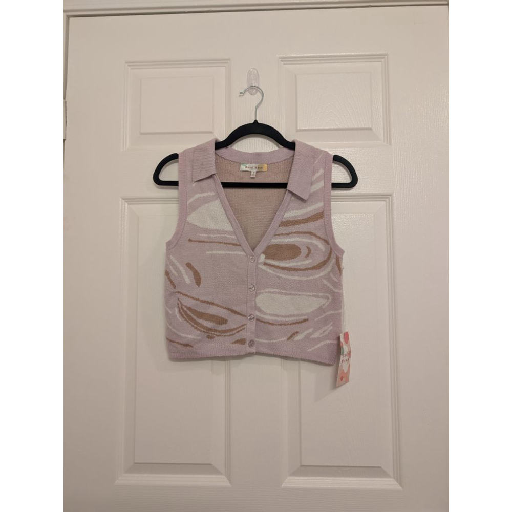 NWT Women's Hazel Moon Lavender White Abstract Sweater Vest Cardigan new preppy - Picture 2 of 8